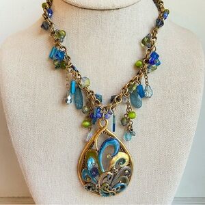 Chico’s glass bead dangle pendant necklace blue green teal in antiqued goldtone
